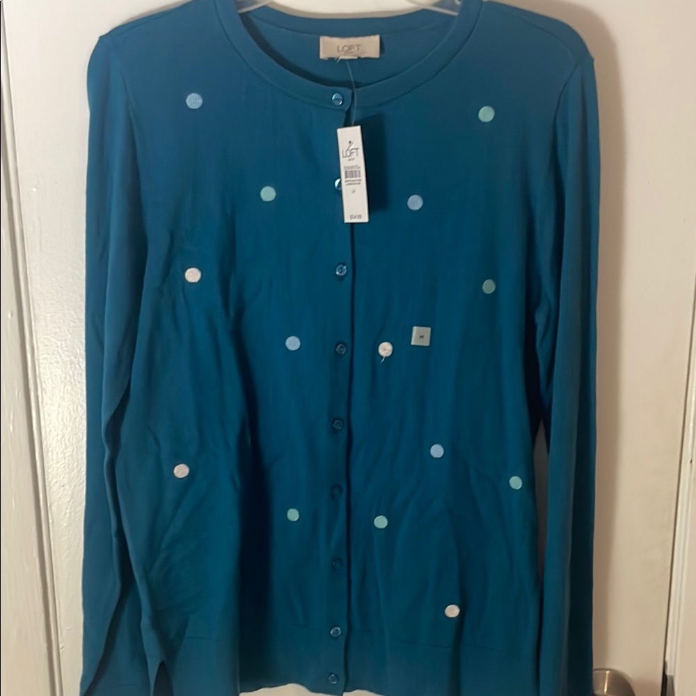 LOFT Teal Cardigan with Polka Dots